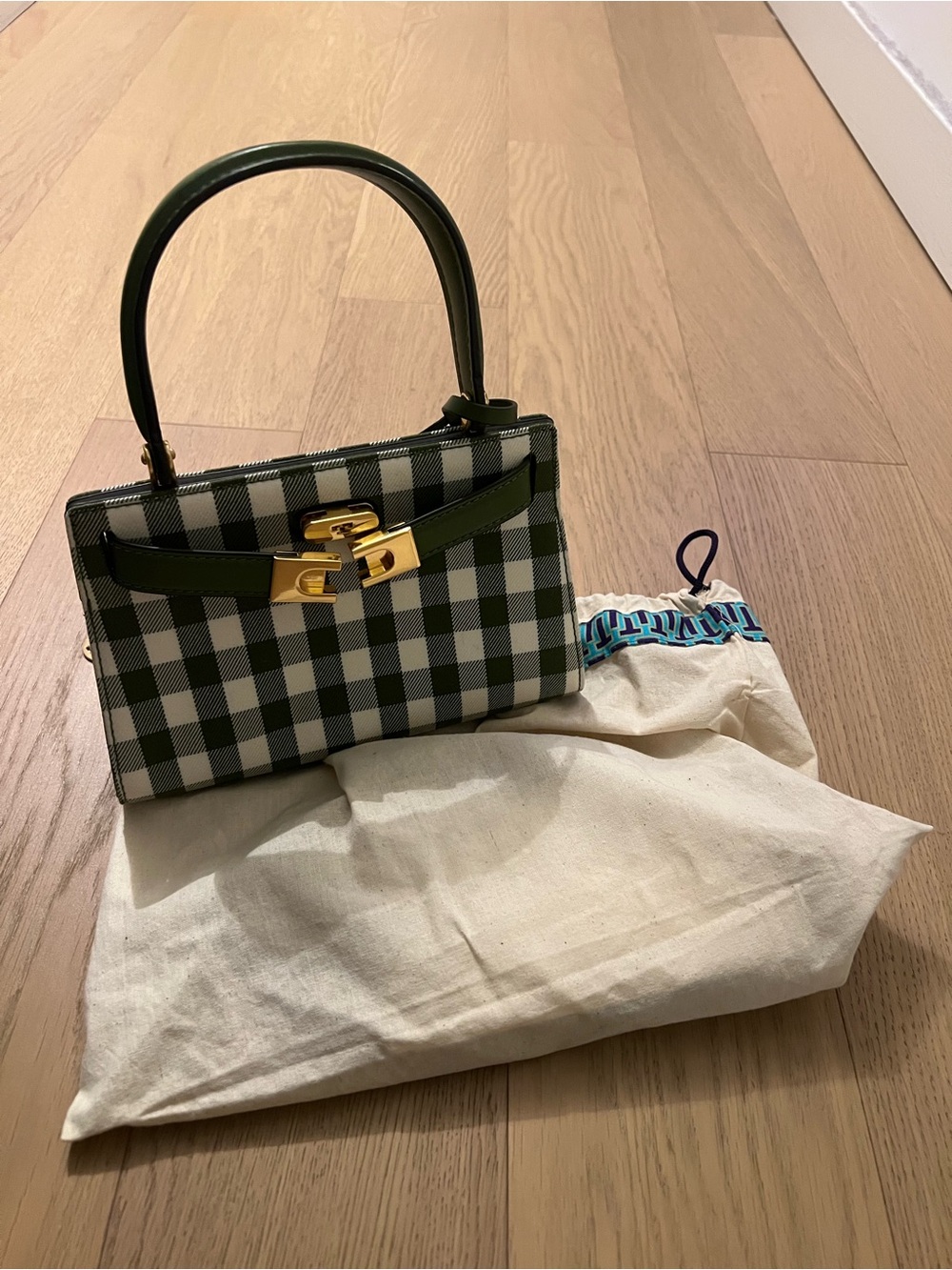 Tory Burch Green and White Gingham Top-Handle Satchel with Gold Hardware